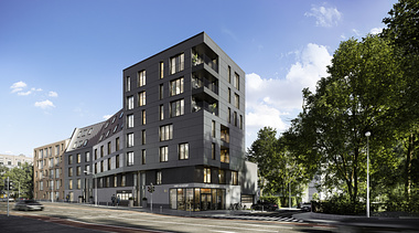 Exterior visualization of an exclusive apartment building close to the Frankfurt city center