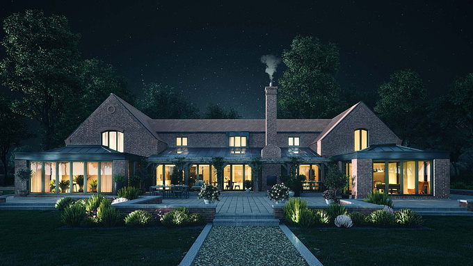 Viscato - http://www.viscato.com
This 3D project visualizes the investment which is going to be built in England in a gorgeous area with beautiful natural surroundings. The renderings are of a high quality and give the feeling of photorealism which is extremely important in the current marketing situation.

The detached house with the brick elevation, wooden columns and gable roof reminds us of a classic barn. Such concept of architecture is now in fashion and people decide to either built houses on such architectural plans or renovate old buildings and transform them into comfortable to live in.

The house is nearly symmetrical and there is a nice surprise at the back where you can find a bit lower but fully glazed walls facing a huge terrace, perfect for meetings with friends and spending the spare time outside. This part of a house differs from the other part significantly. The roof is not as perpendicular as in the front part and is finished with different material as well. The overall feeling of this particular house is unique and we are sure plenty of people dream about living in such neighbouring.

The 3d exterior visualizations were produced to show the investment both during the day time and the night time, the same as to present its details and the general look. Viscato also produced some interior visualizations which you can check in here https://www.viscato.com/portfolio-posts/elegant-interiors-of-a-barn-house/