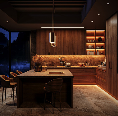 Modern kitchen with warm wood tones, ambient lighting, and sleek fixtures, blending elegance and comfort seamlessly.