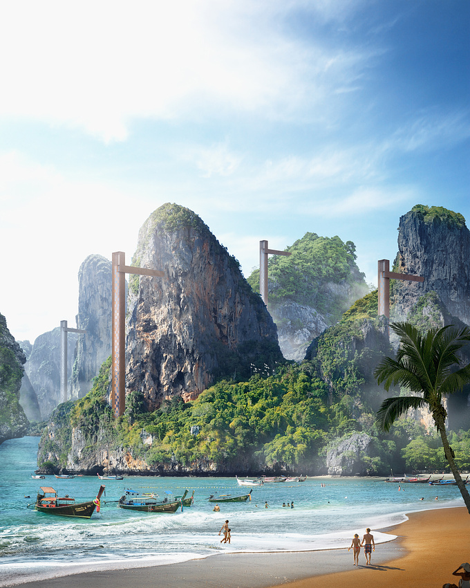 Concept for vertical resorts at the Thailand ocean mountains.