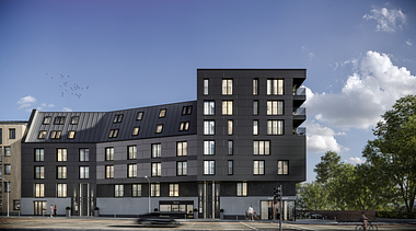 Exterior visualization of an exclusive apartment building close to the Frankfurt city center