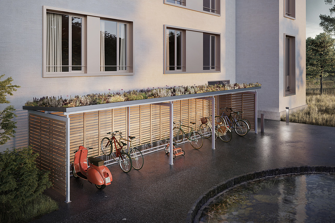 Visualizations for our customer Velopa AG and the marketing of bike shelters with green roofs.