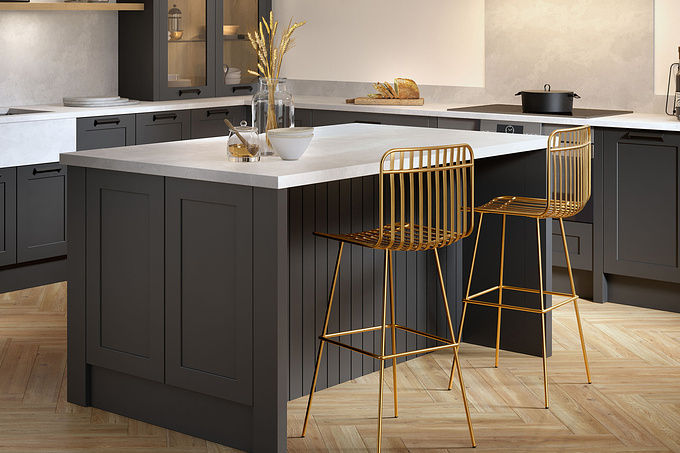 Here’s some more of the gorgeous contemporary kitchen CGI we’ve created whilst remote working. The cabinet selection and kitchen plan was provided by our client and their choice of carbon black doors alongside oak and complimenting gold accessories really keeps the design looking stylish and on-trend.

The 3D production, interior styling and additional prop modelling was completed by by our in-house team. We used 3DSMax and rendered using Corona renderer. Colour accuracy adjustments and tweaks in Adobe Photoshop and Fusion Studio 16.

More of our kitchen renders > https://www.pikcells.com/gallery/kitchens