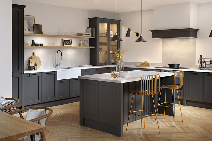 Here’s some more of the gorgeous contemporary kitchen CGI we’ve created whilst remote working. The cabinet selection and kitchen plan was provided by our client and their choice of carbon black doors alongside oak and complimenting gold accessories really keeps the design looking stylish and on-trend.

The 3D production, interior styling and additional prop modelling was completed by by our in-house team. We used 3DSMax and rendered using Corona renderer. Colour accuracy adjustments and tweaks in Adobe Photoshop and Fusion Studio 16.

More of our kitchen renders > https://www.pikcells.com/gallery/kitchens