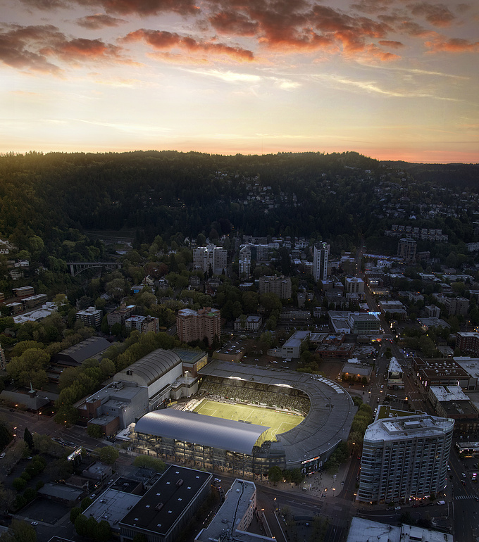Renderings of an addition to the Timbers Stadium in Portland, Oregon.