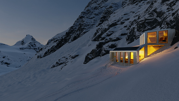 Architectural & interior design, visualisations and a short film, nominated for Architecture Video of the Year at the Dezeen Awards 2022, for the Refuge de Charmotane, a mountain refuge in the Swiss Alps.
