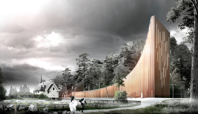 White Arkitekter
Valer kirke - Valer, Norway 
 
2011.11.11 
 
Open competition 
 
Workflow: 
Sketchup - 3DMax 2011 - Vray - Photoshop 
 
Interesting project started by three younger architects at our firm which I teamed up with after seen there first drawings.  
The project was named "Harpe" or Harp because it's resemblance of the instrument and matching to the object, being a church. 
This image was done in spare time (2 days) and is mainly (as you can tell) brought together in Photoshop. 
 
I enjoyed working on this illustration, interesting building, lot's of room for a "darker mood" which we don't get to do much often  - unfortunately.  
 
As a fun fact, not to surprisingly I think half of the 230 competing proposals where in a similar "troll" "MIR" "obviously Norwegian" - ish mood! :)

Im glad to tell you that the well known studio of Pixelflakes liked the image and project so they asked us if they could make an image of their own based on this one..! Thank you Pixelflake!