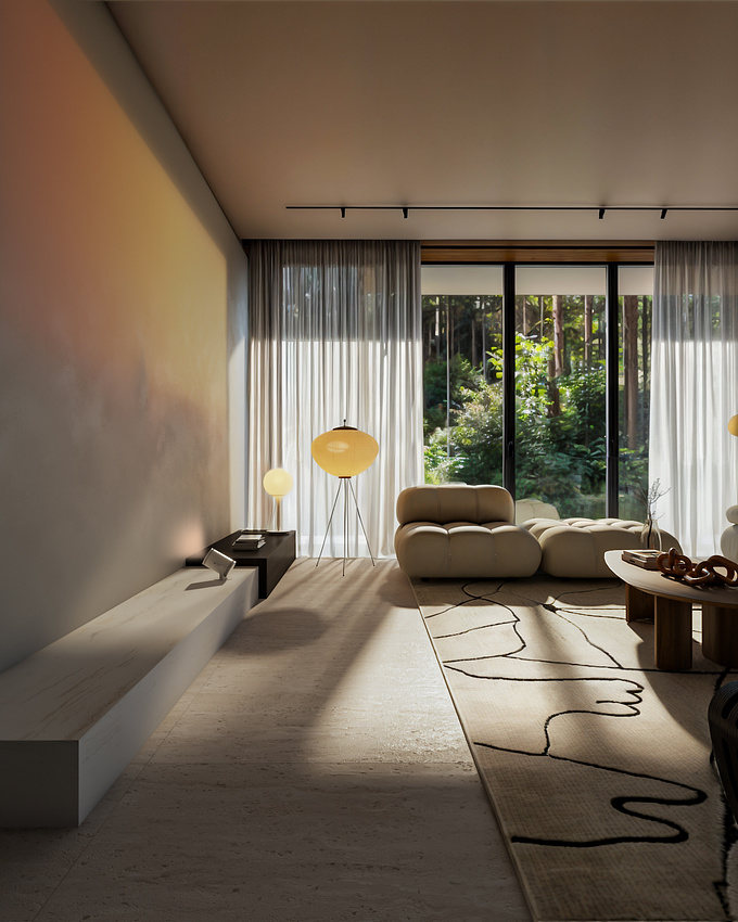 This CGI project showcases a meticulously designed contemporary living room, blending comfort with modern aesthetics. Featuring high-quality textures and realistic lighting, the scene captures the warmth and elegance of a sophisticated home.