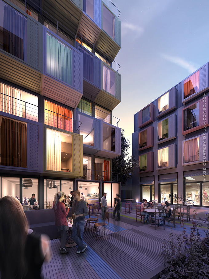 ZOA3D - http://zoa3d.com
Project reuses two old townhouses in the capital of Hungary. The buildings designer - t2a architects - used old shipping containers as part of the Hostel developments facade.