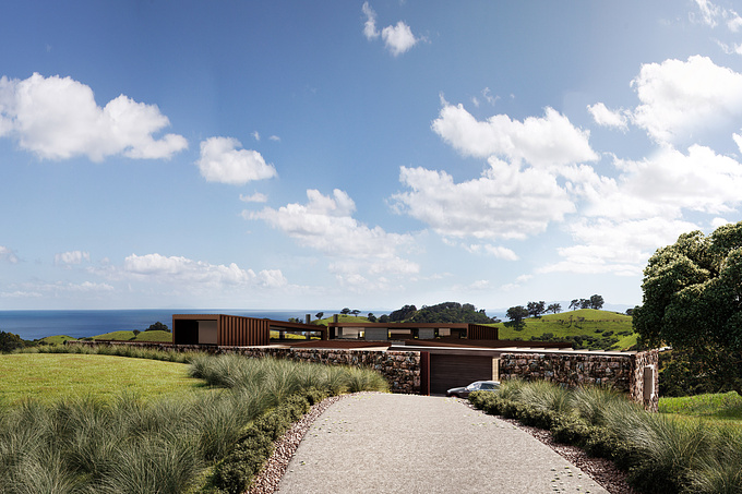One to One Hundred was commissioned to produce an exterior and interior render for two luxury homes at the exclusive Wawata Estate on Waiheke Island.

Both houses sit on large, sloping sites that fall away towards the ocean. The architects have designed bunker-like houses that sit low in the land providing private frontages with expansive openings to the glorious view.

Project location: Waiheke Island, Auckland, New Zealand