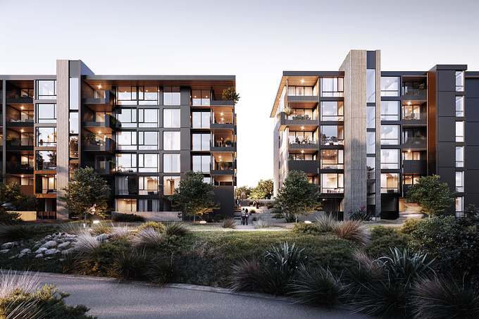 The Tephra is a large apartment development by Templeton Group in Stonefields, Auckland.

We have created a marketing render set that celebrates its location next to a small lake on the edge of the quarry.