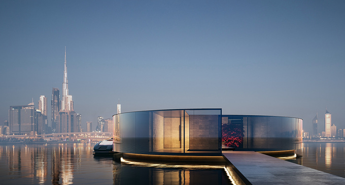 Omega Render - https://omegarender.com/
FGR’s Luxury Floating Residence strikes as a strong sculptural imprint on the water. In plan, the residence has a geometric shape in form of cylindrical counteracting semi circles perfected by curved mirrored glass cloaking its elevation to provide concealment for its owners along with creating a mirage-like appearance on the water.
The singular level luxury residence includes three bedrooms, housekeeping quarters, internal courtyard and an external entertainment area with berth access, built in bbq facilities and fireplace leading onto an endless edge pool.
Enjoy watching!