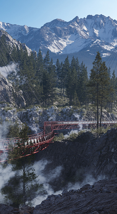 Exterior visualization of a mountain bridge