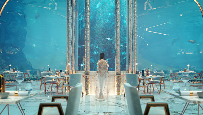 A series of images representing a project for an ethereal restaurant at the bottom of the sea, inspired by the sea inhabitants.