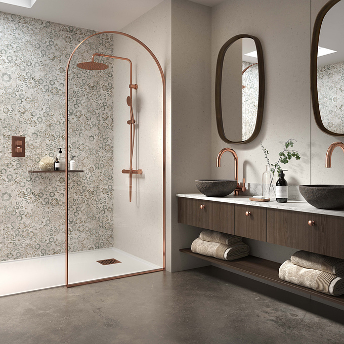 With the trend for copper accessories still strong, our designers made full use of it in this bathroom CGI. The warm metallic tones feature alongside dark, rich wood cabinetry and eye-catching Maltese patterned tiles. Our 3D artists also did a cracking job of the towels in this scene, utilising Corona Renderer's hair and fur to add a softer fluffier texture.