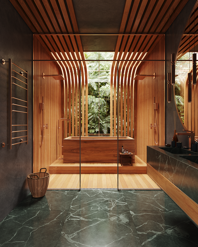 The idea of this scene was to bring the feeling of comfort that Nature has into the bathroom. In this sense, the wooden slats that come from floor to ceiling, seek to refer the trees and the wall of plants to the background, bringing the natural closer. The space has two parts, the bathroom, which has wood all around it, and the initial part, which has a green stone floor, reminiscent of emerald. the concrete walls of the initial part of the environment, make this separation and bring contrast to the scene.