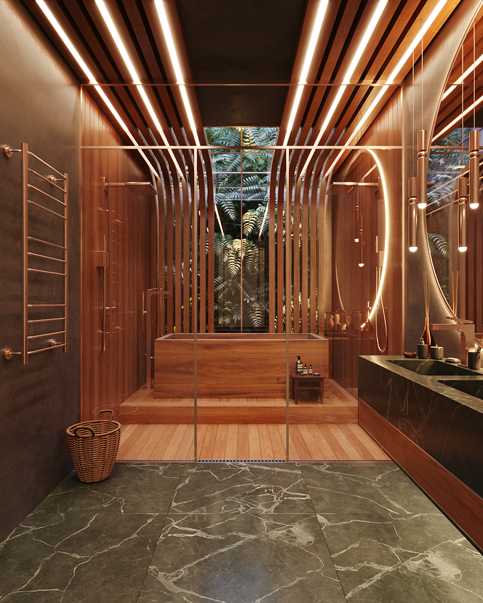 The idea of this scene was to bring the feeling of comfort that Nature has into the bathroom. In this sense, the wooden slats that come from floor to ceiling, seek to refer the trees and the wall of plants to the background, bringing the natural closer. The space has two parts, the bathroom, which has wood all around it, and the initial part, which has a green stone floor, reminiscent of emerald. the concrete walls of the initial part of the environment, make this separation and bring contrast to the scene.