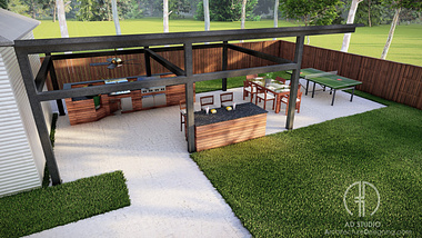 3D rendering of Backyard pargola design