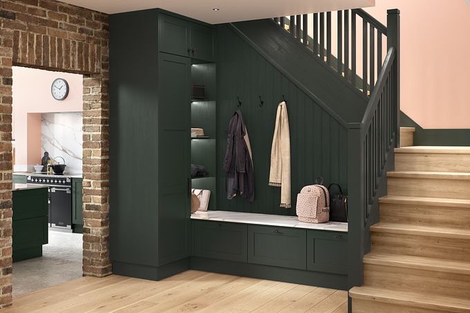 Practical cloakroom storage area created using kitchen cabinetry