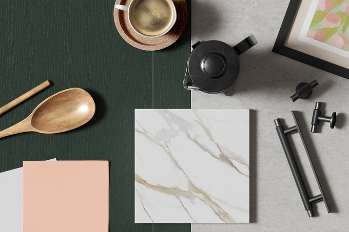 Flat lay image of heritage green and veined marble with props used in the kitchen interior