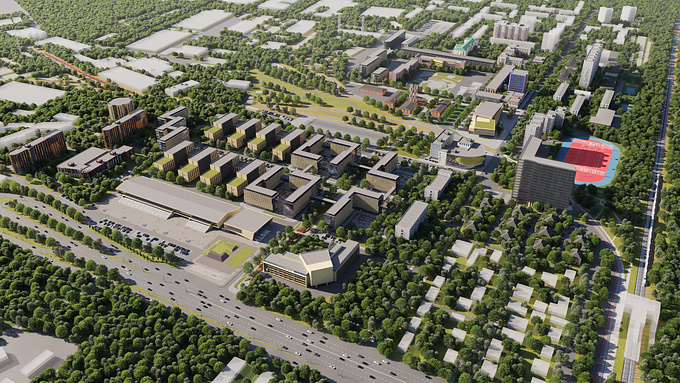 This Concept involves partial reconstruction of existing facilities, improvement of the existing territory, and construction of new ones, including educational and laboratory, dormitory, administration building of  student leisure facilities. 
The main task of the design is to unite the entire territory, taking into account new sites, into a single campus, to create a new comfortable educational and production environment, corresponding to the status of the country's leading technical university, open to urban space.