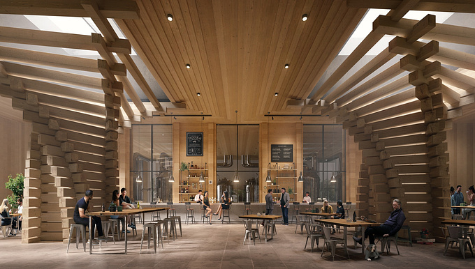 Situated in the Manchester valley, the Vermont brewery and conference center was designed by KATO as a series of spaces that integrate the social areas with the brewing process. In our visualization, soft afternoon light flows through the timber light wells to emphasize the unique structure which provides a place for personal stories to unfold.