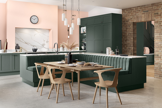 Large banquet seating area integrated into the green kitchen island