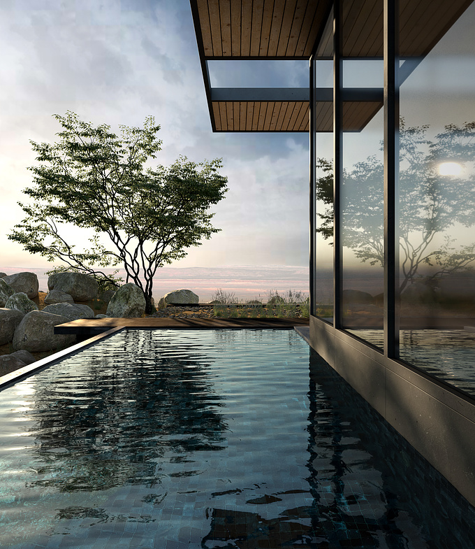 A sunset view of a beautiful villa with a pool.
The image was created using a reference to a beautiful project of Aidlin Darling Design, with a reinterpretation of the picture on the cover of AD - Architectural Digest Magazine (Italian version), June 2020