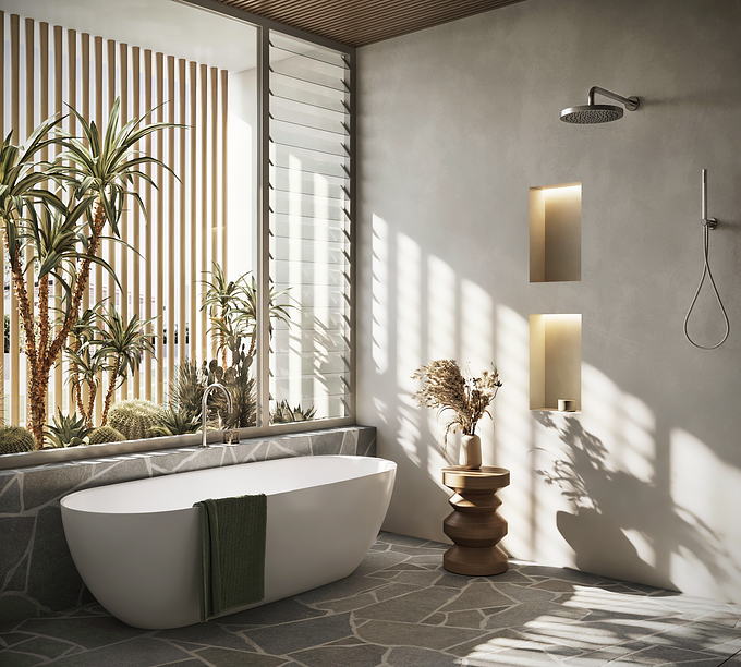The bathroom is filled with natural light coming through a large window. Desert plants grow outside the window, which create a sense of presence in an oasis. All elements of the bathroom are made in the same style, which creates a sense of harmony and balance in the design. All the details of the visualization are worked out qualitatively, using textures and lighting, which makes it attractive and realistic.
