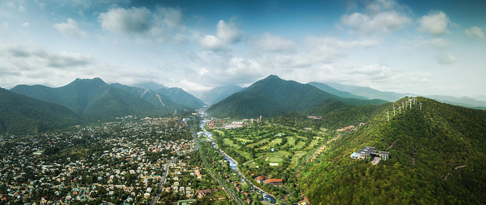 A large master plan in the beautiful mountain region of Gabala spreading along the river and climbing up the hills.