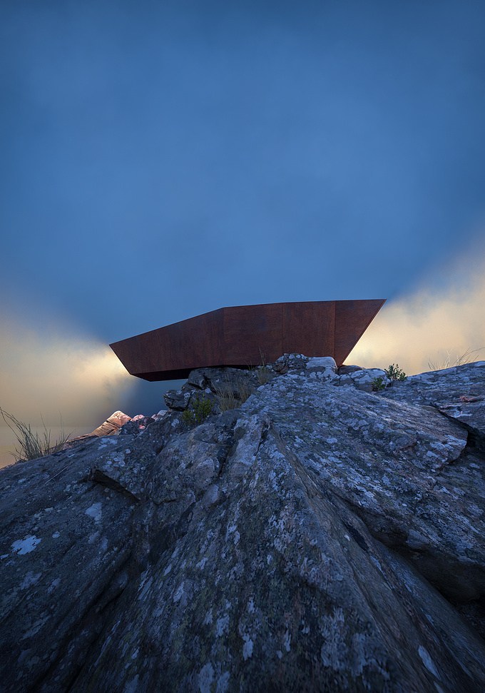 Personal project. 
As an architect I love being ispired from existing design and reworking them, reimaigining in different lanscape.
This is caronte, a cabin standing on top a cliff.