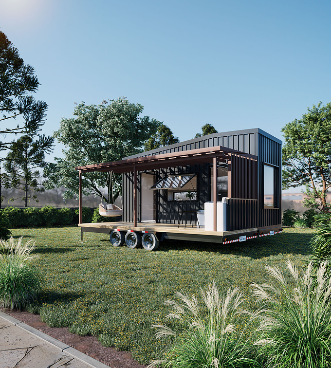 These photorealistic images were created to enhance the tiny house and showcase the full potential of the project, aiming to connect the architecture with the vegetation and local environment, demonstrating the connection with nature.