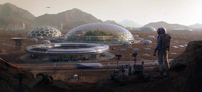 The project of the city on Mars.
The winning entry of the Mars home planet Competition.

https://www.behance.net/gallery/67663807/Between-The-Red-Mountains-Project-of-City-on-Mars-CGI
