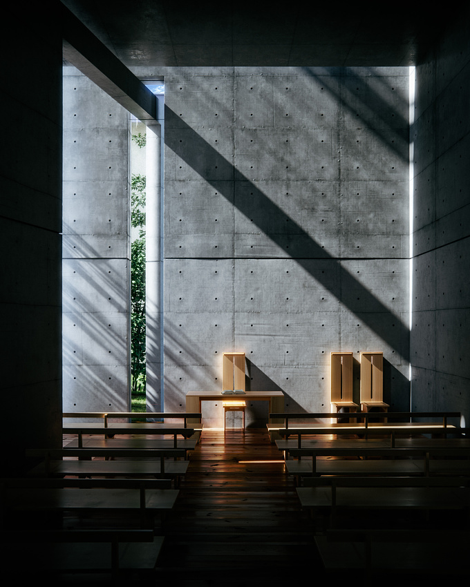 Part of my Tadao Ando 3d recreation series, with this building I tried to keep the original vision of the architect and kept the emphasis to the role light plays in this building.