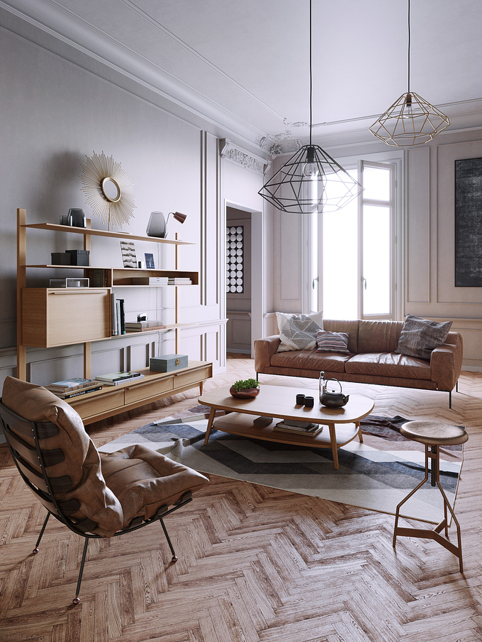 A Mid century style interior inspired by a picture found on the internet. Cinema 4D + Corona Renderer + Photoshop.