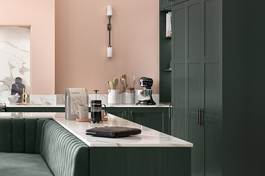 Aldana Heritage Green Kitchen and Living Space CGI
