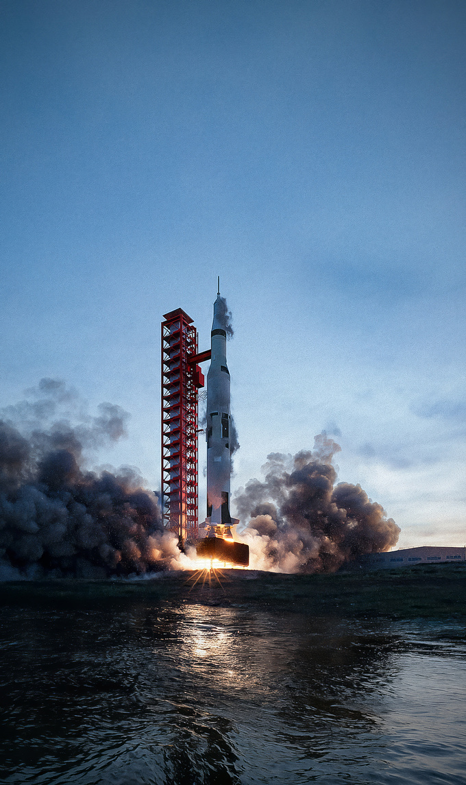 The final render was inspired by one of the photos from the launch of the Saturn 5. This could explain a lot about the noises that I wanted to leave a little more in the final image.