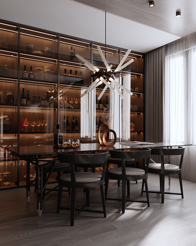 This was my version of the Flat Sol Apartment scene, taught by @anderalencar in the Oficina 3D training course. The course proposes that students make their 3D versions of this apartment project. In this work I tried to bring an all black theme, with a luxurious wine cellar and modern furniture.