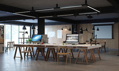 3D interior rendering series of a factory workshop space