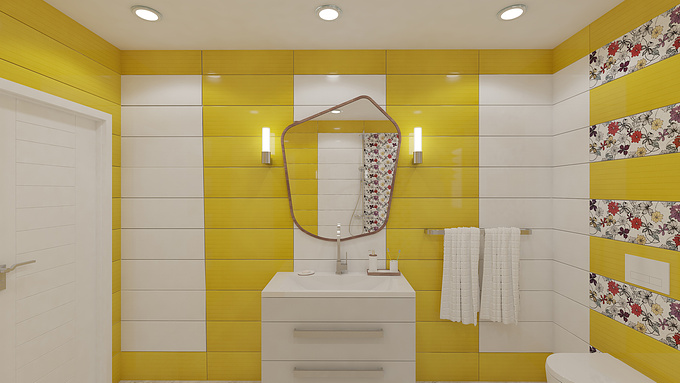 Visavj - http://visavj.com/portfolio/bathroom-visualization-1/
The bathroom visualization is made in yellow and white colors. The floral tile is a feature of this room. Also for this bathroom visualization used non-standard mirror it is adds to the design interior a sense of originality and unusualness. Also on the ceiling there are point lights, and the mirror is illuminated by two elegant and stylish lamps.

above all this design is suitable for those who want something new and modern.