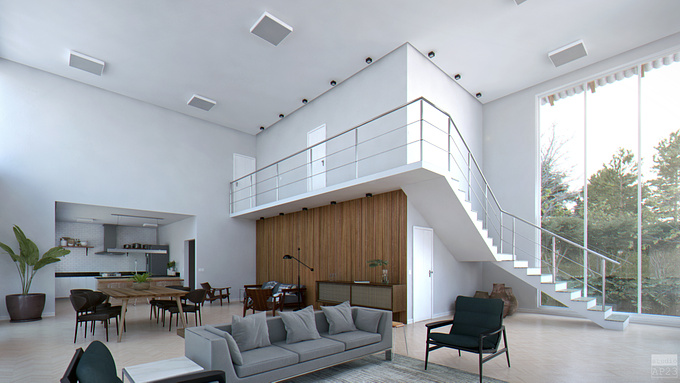 The architect who designed this farm house in brazil wanted to show in only one image all the living room, and for that I used a 17mm lens in the vray cam to be able to fit everyting in the best way I could 

done with 3ds max - vray - ps - and AE to create the chromatic aberration