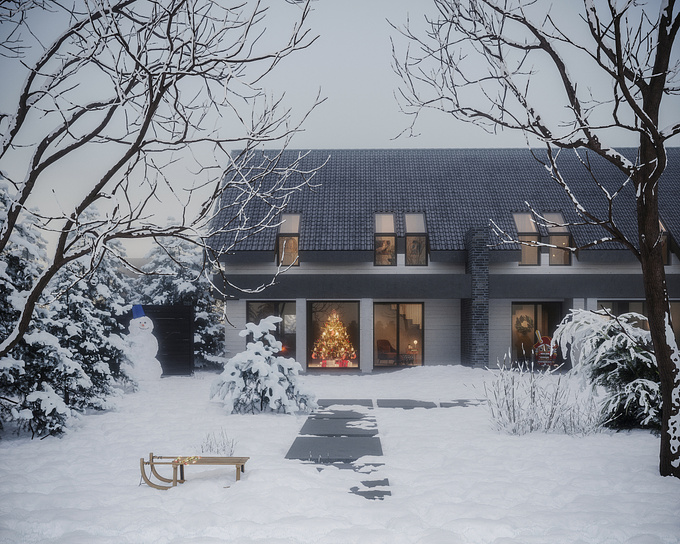 This project is an attempt to inscribe the archetypal form of a house into the picturesque winter landscape.The entire building is presented in a monochromatic color range, and the selected materials give the architecture a clean, uniform aesthetics.The interiors, although hidden and dimmed, imply carefully selected works of art and the atmosphere of christmas in the form of a lit christmas tree accompanied by gifts. The rising winter aura allows thoughts to flow back to childhood, when during the christmas break we all waited for the white powder that would allow us to make a snowman and spend time playing in the snow.