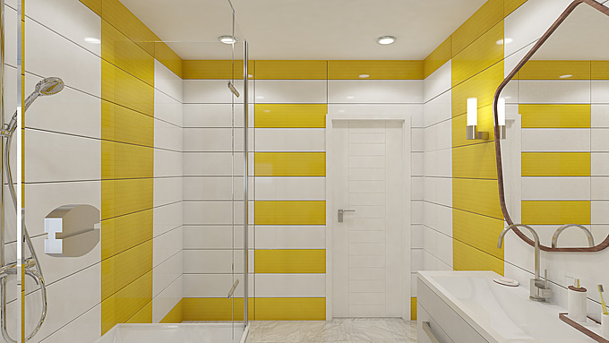 Visavj - http://visavj.com/portfolio/bathroom-visualization-1/
The bathroom visualization is made in yellow and white colors. The floral tile is a feature of this room. Also for this bathroom visualization used non-standard mirror it is adds to the design interior a sense of originality and unusualness. Also on the ceiling there are point lights, and the mirror is illuminated by two elegant and stylish lamps.

above all this design is suitable for those who want something new and modern.
