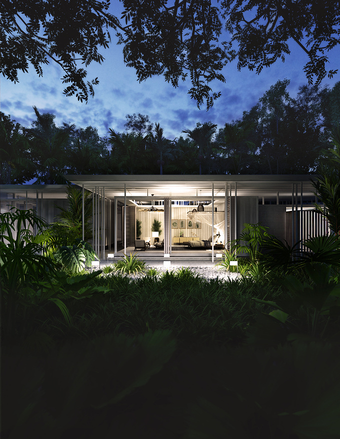 Master bedroom night view from beach house in Santa Teresa, Costa Rica. Design by BGS Architecture.