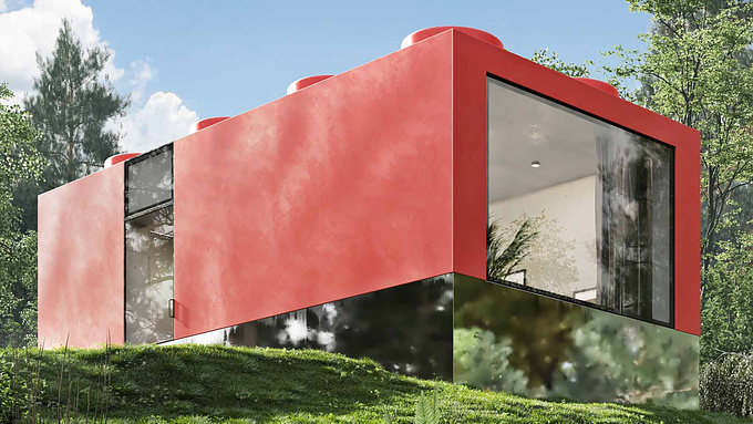 VISCATO - http://www.viscato.com
Our artists produced 3D exterior visualization of a very unusual architectural concept. The house is designed in the form of a Lego block in the red colour. Even though it is quite a small realization in the point of square meters the whole exceptional idea is making it up.

Nearly everyone, in the whole world, used to play with the Lego blocks during their childhood. We built cars, planes, helicopters, but also houses- sometimes simple with just two windows and a door but sometimes incredibly complex and well-developed, even in the form of a Medival Castle. In this architectural project, only one rectangular block was used. Through the window, we can give a look inside and see that the interiors seem to be of a similar presentation as in a regular house.
Check out our website: http://www.viscato.com