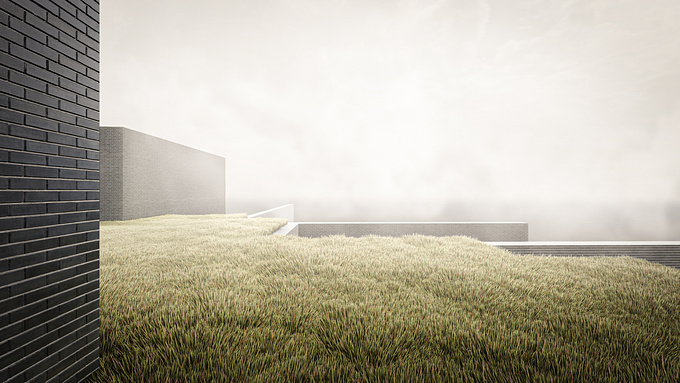 Visualization that explores the nuances of monolithic forms against a minimalist environment of mist and distant water.