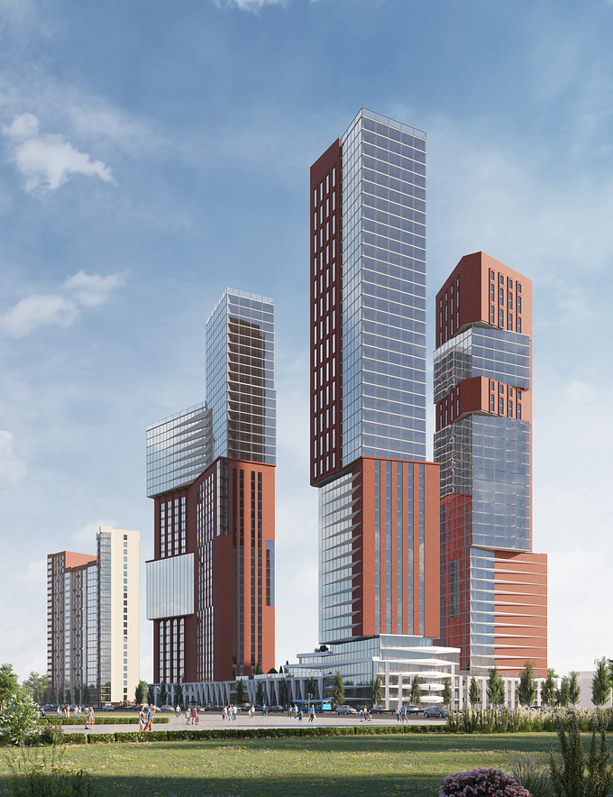 Sokolniki business center was completed as a commercial project. The task was to show the winning angles of the project, a cozy courtyard and beautiful architecture, and prepare visualizations for the presentation of the project to customers.
In addition to the office tower, the complex also has residential buildings. The office tower and residential buildings are connected with the help of a stylobate.