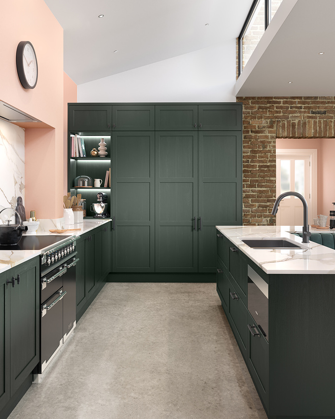 Our interior design team collaborated with the client to plan and style this heritage green kitchen and living space interior. We work closely with the clients publication team who have a passion for supplying stylish, high-end kitchens. The team started by building up a CGI flat lay image of products, colours and textures to draw inspiration for the final design. Our designers also introduced some bigger upcoming trends for 2022/2023 such as the large banquette seating area, integrated entertainment space and work-from-home area.

Our accomplished team of digital artists used 3DSMax and Zbrush to create the 3D interior, rendering using Chaos Corona. Colour accuracy and finishing touches were added using Adobe Photoshop and image compositing was done in Blackmagic Fusion Studio. They also created some brilliant close-up cameo images of the handle details and painted timber textures.
