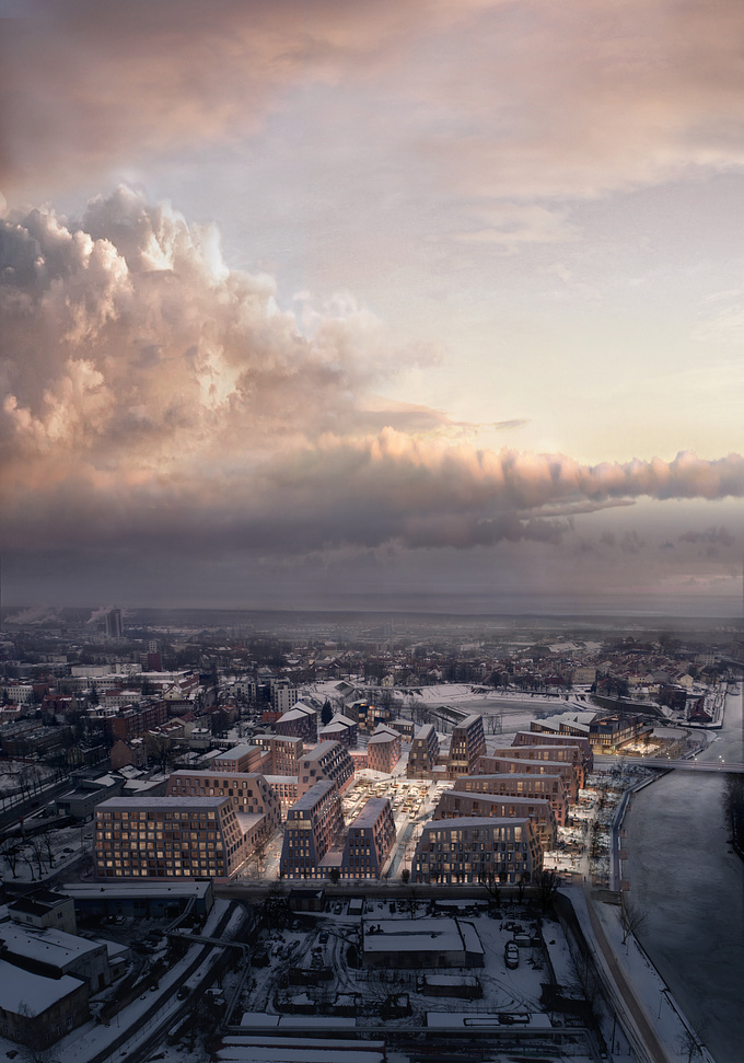 Just a few steps from the historic Old Town of Klaipėda, Lithuanian port city, a new residential and commercial district called Bastionų Namai is being developed. 

For the architecture competition, Cloud Architektai put forth a concept of the exclusive quarter that embraces the city’s heritage and respects the surrounding environment. 

In the illustrations we created for our client, we set out to emphasize the unique characteristics of the sloping structures typical of the city. The slightly overcast sky and the period of dusk particularly bring out the light tints of the bricks and vegetation, giving the images a warm glow.   