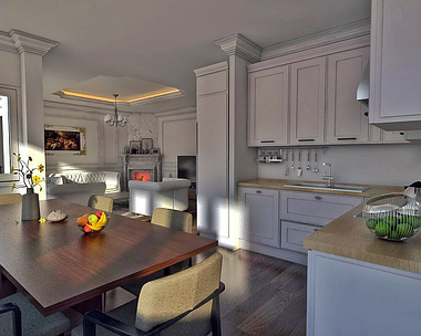 Neoclassic kitchen+living room